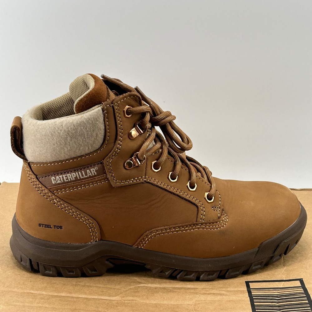 Caterpillar Steel Toe Work Boots Mens 7.5 Wide Brown Leather P91009 Safety Shoes